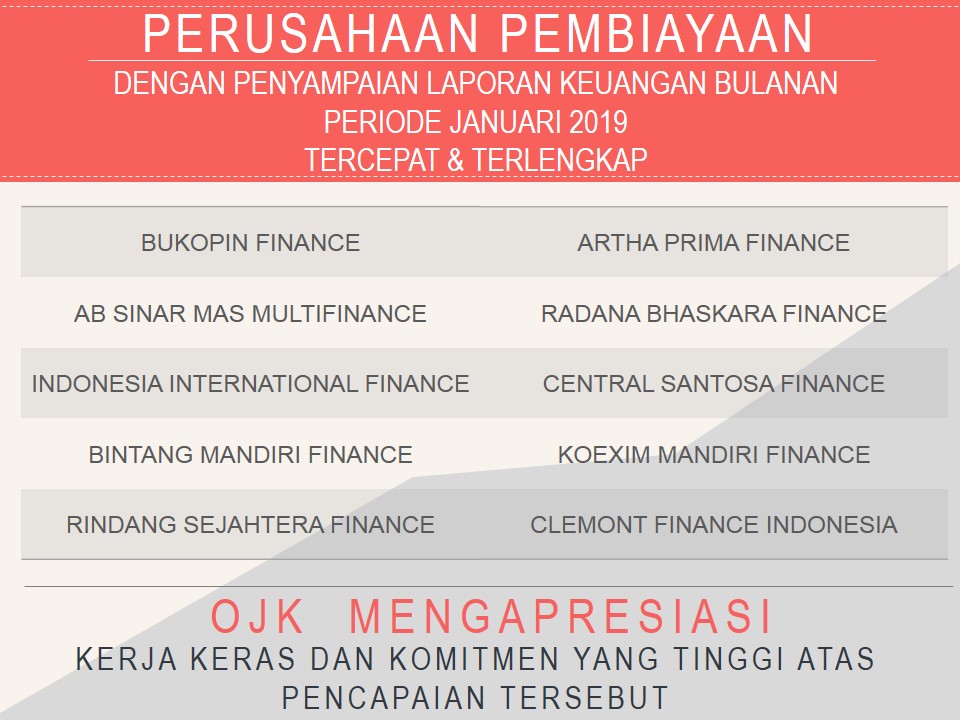Perusahaan Pembiayaan Dan Modal Ventura Dengan Penyampaian Laporan Keuangan Bulanan Periode Januari 2019 Tercepat Dan Terlengkap